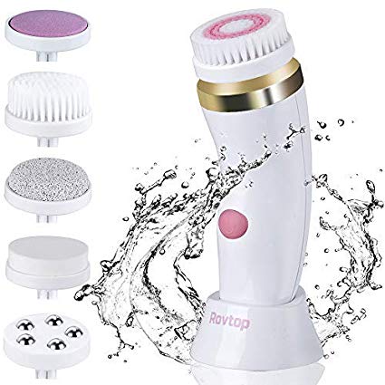 Rovtop Facial Cleansing Brush - Rechargeable Waterproof Facial Brush with 6 Exfoliating Brush Heads for Deep Cleansing, Gentle Exfoliating, Removing Blackhead, Massaging (White)