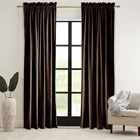 Brown 52x72 inch Velvet Curtains Blackout for Living Room Thermal Insulated Rod Pocket/Clip Window Curtain for Bedroom 2 Panels