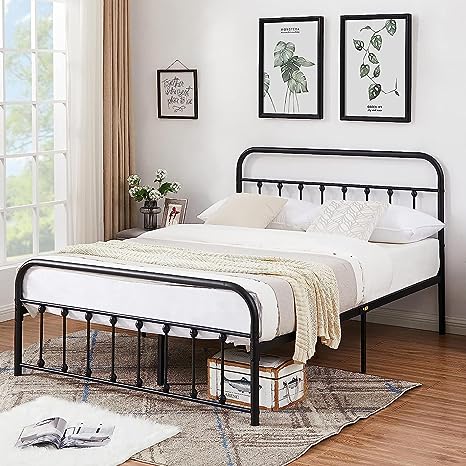 VECELO Metal Bed Frame Queen Size Platform with Vintage Style Headboard & Footboard, Premium Steel Slat Support Mattress Foundation