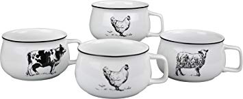 New! Porcelain Farm Animals 20 oz Soup Mug w/Handle, 2 Roosters, 1 Sheep and 1 Cow also Great for Cereal and"Chili" - Set of 4 Bowls