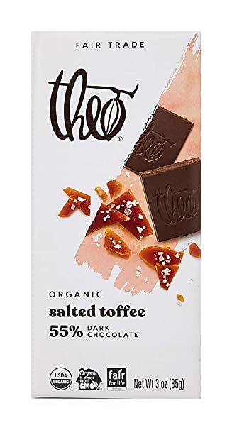 Theo Chocolate Salted Toffee 55% Dark Chocolate Bar, 3 Ounce, 1 Bar
