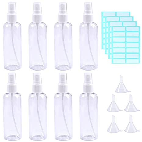 Aneco 8 Pieces 100ml Spray Bottles Travel Bottle Set with 5 Pieces Funnels and 4 Sheets Free Labels