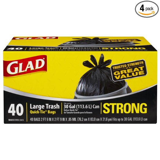 Glad Strong Quick-Tie Large Trash Bags, 30 Gallon, 40 Count (Pack of 4)