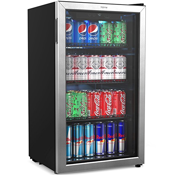 hOmeLabs Beverage Refrigerator and Cooler - Mini Fridge with Glass Door for Soda Beer or Wine - 120 Cans Capacity - Small Drink Dispenser Machine for Office or Bar with Adjustable Removable Shelves