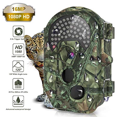 THZY Trail Camera, Waterproof 16MP 1080P HD Game Hunting Camera with Sound 120° Wide Angle Lens 0.5s Trigger Speed 38 Pcs 940nm IR LEDs No Glow Black Infrared Night Version up to 20M/65FT for Hunting