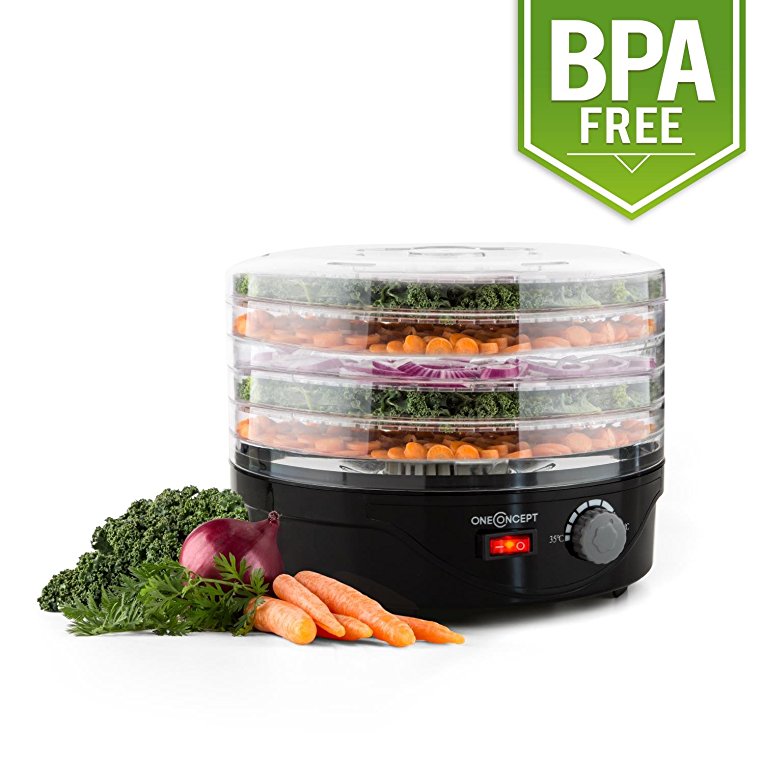 oneConcept Bonsai Food Dryer • 5 Floors Dehydrator for Fruits • Vegetables • Herbs • Mushrooms • 250W • 4 Dishwasher-Safe Levels • Recirculation for an Even Heat Distribution • Gentle Drying Process for Preservation and Longer Shelf Life • Black