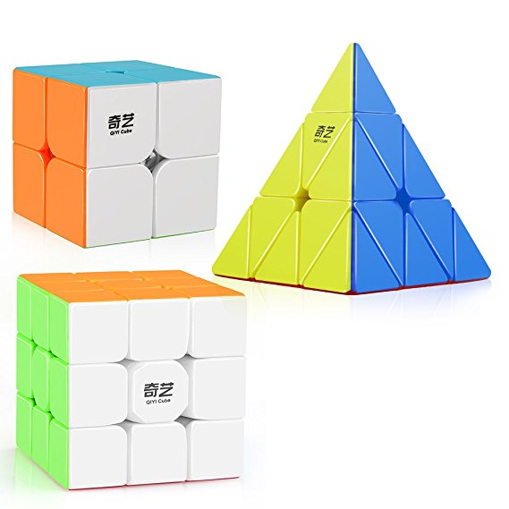 D-FantiX Qiyi Stickerless Speed Cube Bundle, Qidi S 2x2 Warrior W 3x3 Qiming Pyraminx Magic Cube Puzzle Toys for Kids