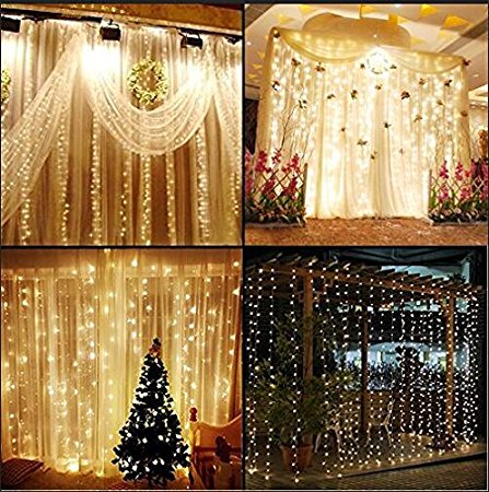 KNONEW LED String Lights -- 300LEDs Outdoor Indoor Window Curtain Icicle Lights Fairy String Light for Wedding Party Home Garden Bedroom Christmas Lighting Decorations 3m*3m for UK only(Warm White)