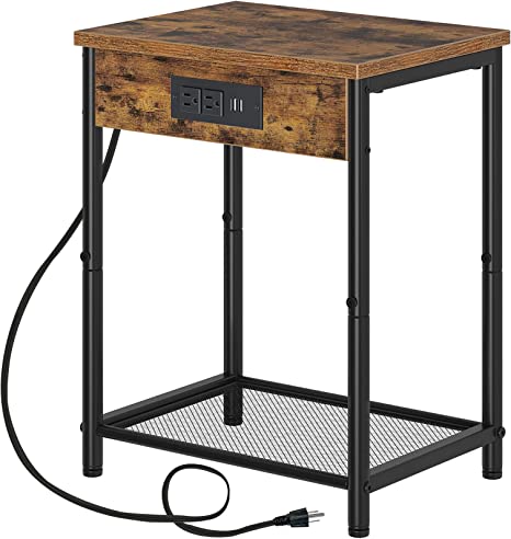 Rolanstar End Table with Charging Station & USB Ports, Narrow Side Table for Living Room, Nightstand with Storage Shelf 2-Tier Sofa Table for Bedroom Rustic Brown