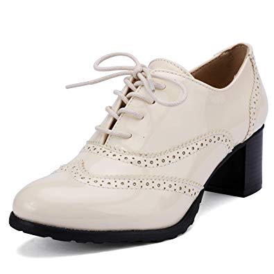 Odema Womens PU Patent Leather Oxfords Brogue Wingtip Lace Up Chunky High Heel Shoes Dress Pumps Oxfords
