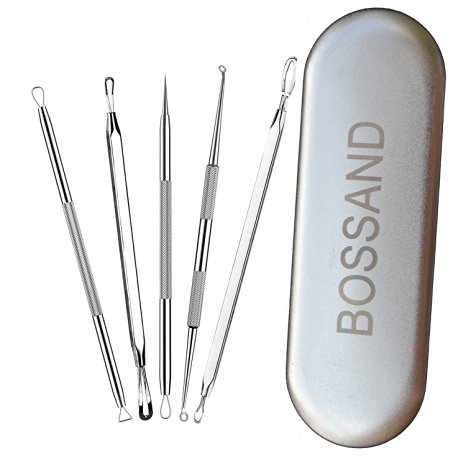 BOSSAND Blackhead Remover Pimple Acne Blackhead Extractor Tool Kit 5 pcs Treatment for Blemish Whitehead Popping Zit Removing Nose Face Skin with Metal Case