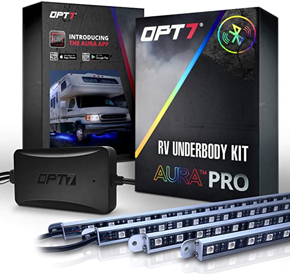 OPT7 Aura PRO LED Trailer RV Underbody/Awning or Interior Lighting Kit - Full Color Spectrum- 4 Smart-Color Glow Strip- iOS & Android Enabled