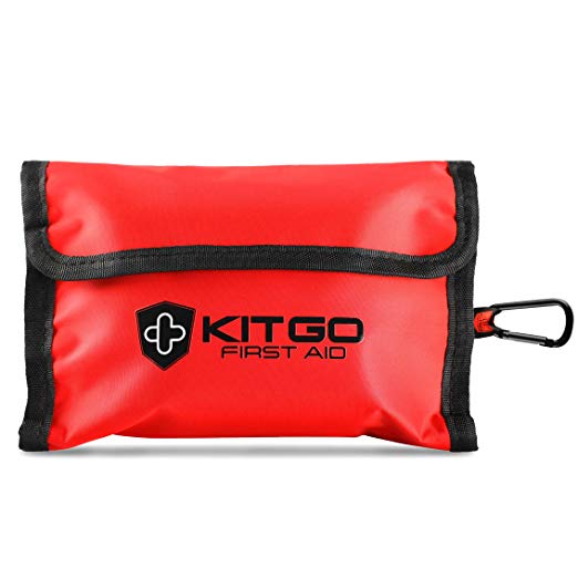 Kitgo 60 Piece Small Medical First Aid Kit, Waterproof Portable Roll Bag, Great for Home Office Car Travel Camping Survival Outdoor Sports, FDA OSHA Compliant, Red