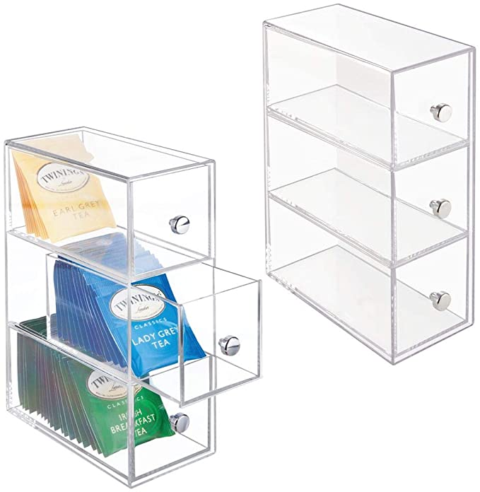 mDesign Plastic Kitchen Pantry, Cabinet, Countertop Organizer Storage Station with 3 Drawers for Coffee, Tea, Sugar Packets, Sweeteners, Creamers, Drink Pods, Packets - 2 Pack - Clear