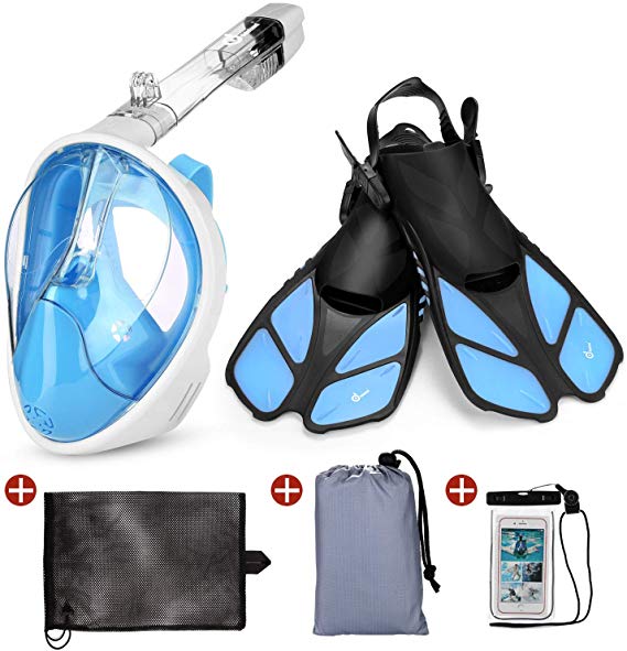 Odoland 5-in-1 Snorkeling Packages, Full Face Snorkel Mask with Adjustable Swim Fins and Lightweight Backpack and Waterproof Case - GoPro Compatible