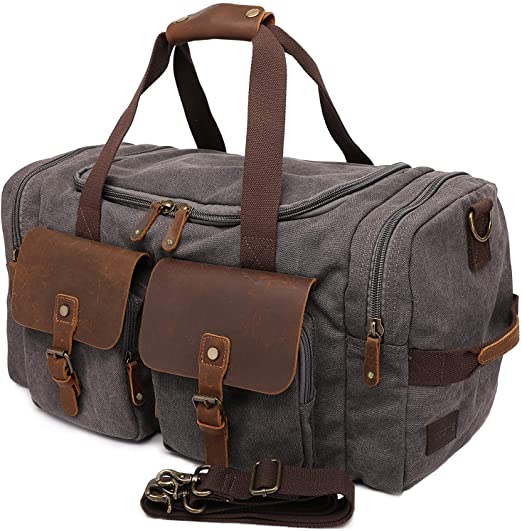 Travel Duffel Bags Canvas Weekender Bag and Genuine Leather Overnight Bag for Men Women, Large Travel Carry on Tote Bag with shoe compartment