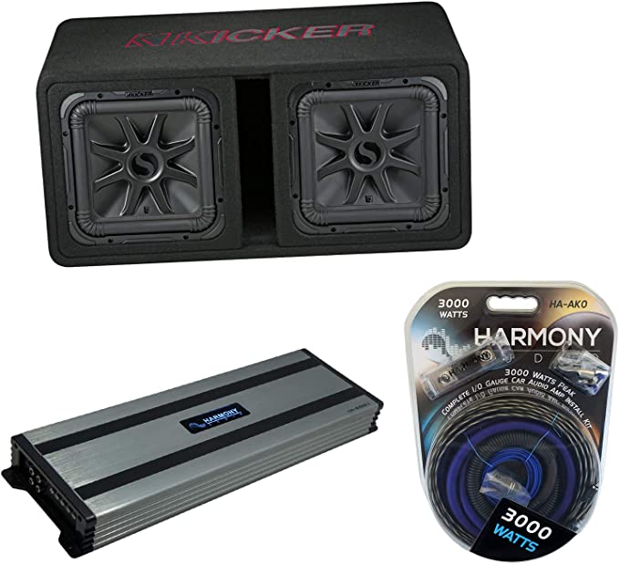 Harmony Audio HA-A1500.1 Car Stereo Class D Amp Mono 3000 Watt Subwoofer Amplifier, Kicker 45DL7R122 Solobaric L7 Dual 12" Vented Sub Box and HA-AK0 1/0 Gauge 3000W Amp Install Kit