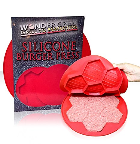 Wonder Grill Silicone Burger Press and BPA-Free Freezer Container Includes Bonus Gift Mosquito Food Net. 7 in 1 Hamburger Press Patties Maker With Exclusive Built in Grill Marks, Red