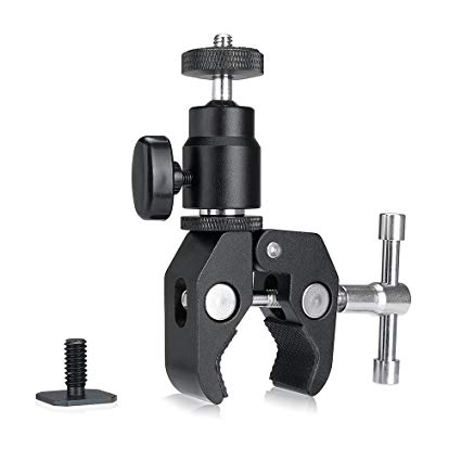 FOTYRIG Camera Clamp Mount, Ball Head Clamp Magic Arm Super Clamp w/1/4-20 Thread Hot Shoe Adapter For GPS Phone LCD/DV Monitor, LED Lights, Flash Light, Microphone and More