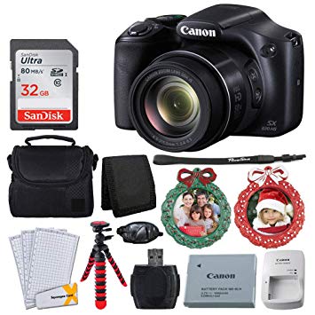 Canon SX530 HS PowerShot Digital Camera with 50x Optical Zoom & Built-in Wi-Fi (Black)   32GB Memory Card   Camera Case   Flexible Tripod   Wreath Photo Ornament Green, Red – Holiday Bundle
