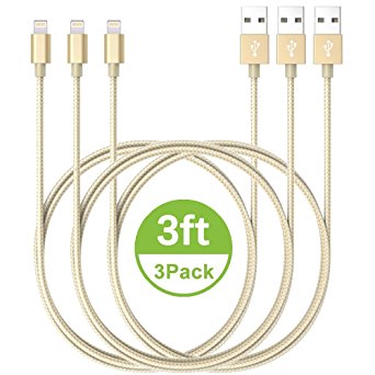 ONSON iPhone Cable,3Pack 3FT Nylon Braided iPhone Cord Lightning Cable Certified to USB Charging Charger for iPhone 7/7 Plus/6/6S/6 Plus/6S Plus/5/5S/5C/SE,iPad,iPod 7 (Gold White,3FT)