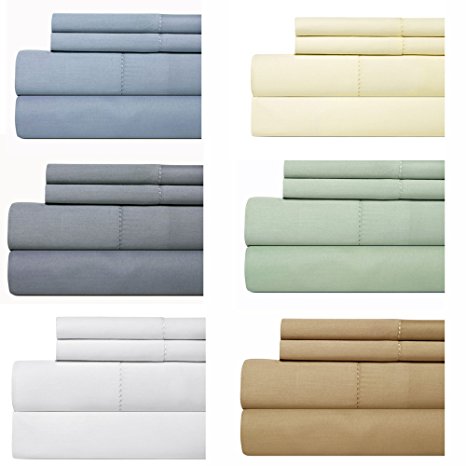 Weavely Hemstitch Bedsheet 500 Thread Count 100% Cotton Queen Sheet Set, 4-Piece Bedding Set, Elastic Deep Pocket Fitted Sheet, Blue