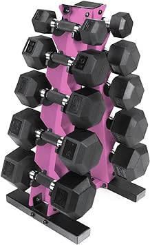 WF Athletic Supply 5-25Lb Rubber Coated Hex Dumbbell Set with A Frame Storage Rack Non-Slip Hex Shape for Muscle Toning, Strength Building & Weight Loss - Multiple Choices Available