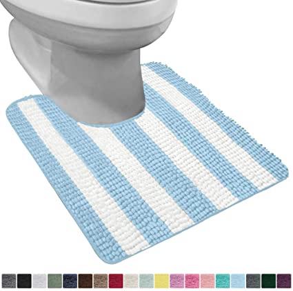 Gorilla Grip Original Shaggy Chenille Oval U-Shape Contoured Mat for Base of Toilet, 22.5x19.5 Size, Machine Wash and Dry, Soft Plush Absorbent Contour Carpet Mats for Bathroom Toilets, Sky Blue White