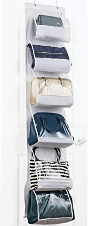 ZOBER Over The Door Purse Organizer & Storage Handbag Organizer with 6 Easy Access Deep Pockets - Durable Metal Hooks, Handbag Organizer with Clear Pockets - Ideal for Scarf, Umbrella/Accessories Etc