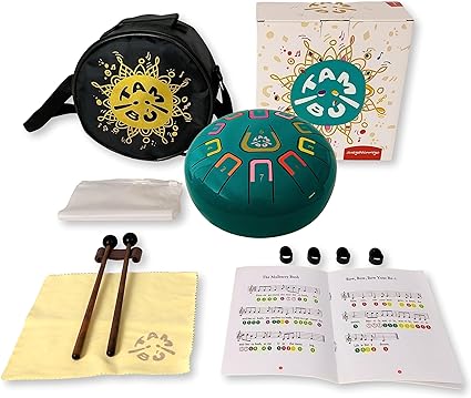 TAMBÚ Steel Tongue Drum in G Major. 8 inch metallic percussion instrument with 11 notes. Handpan Perfect for beginners. Travel Bag, Music Book, Drumsticks (Turquoise)