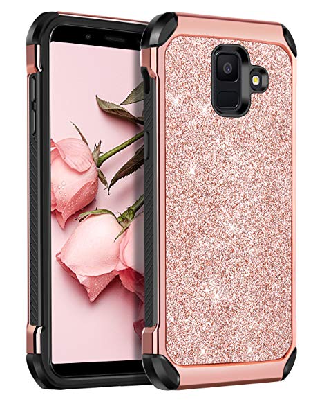 BENTOBEN Silicone Case for Samsung Galaxy J6 2018, Samsung J6 Glitter Case, Slim Thin Fit Dual Layer Hybrid Hard PC Soft TPU Bumper Shockproof Case for Samsung J6 (J600G/DS) 2018 - Rose Gold