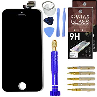 DIY Black Replacement Screen for Apple iPhone 5 - Complete Grade AAA Digitizer and LCD Assembly, Repair Kit Inc. Premium Repair Tools   [2X] Hardened Tempered Glass Touchscreen Protectors