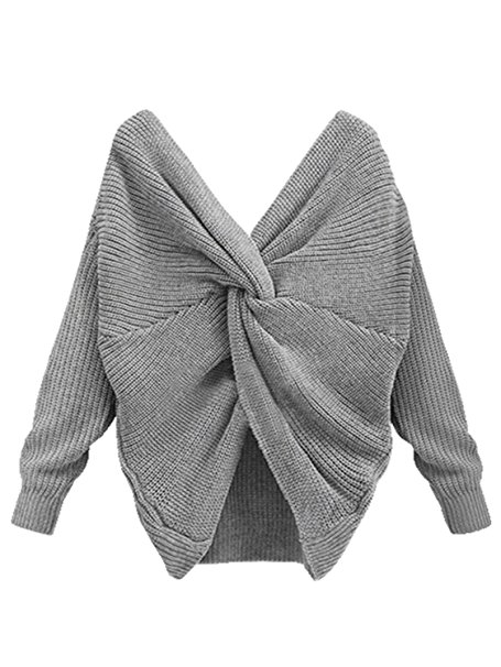 Glamaker Women's Sexy V Neck Backless Long Sleeve Pullover Knit Sweater