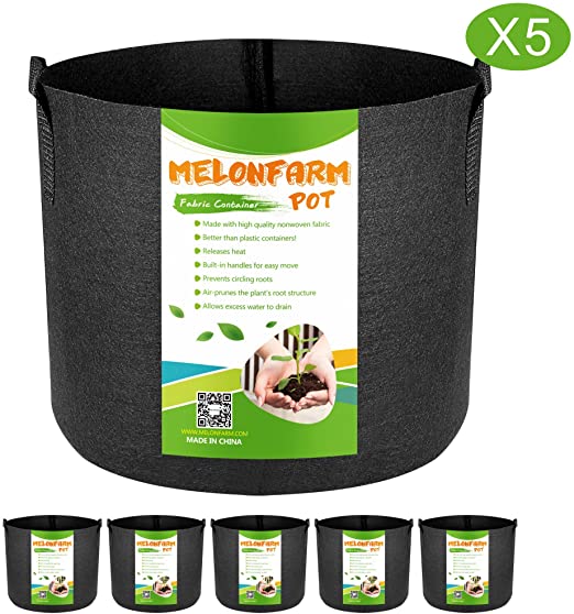 MELONFARM 5-Pack 5 Gallon Grow Bags Heavy Duty Aeration Fabric Pots ,Thickened Non-woven Plant Smart Pots with Durable Handles, for Plant growing