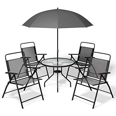 Giantex 6 PCS Patio Garden Set Furniture Umbrella Gray with 4 Folding Chairs Table