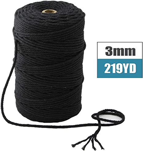 Mygogo Macrame Cord 3mm x 219Yards (About 200m,656feet) Black Colored Cotton Macrame Rope 4 Strand Twisted Soft Cotton Cord for Handmade Wall Hanging Plant Hanger Craft Making DIY Knotting