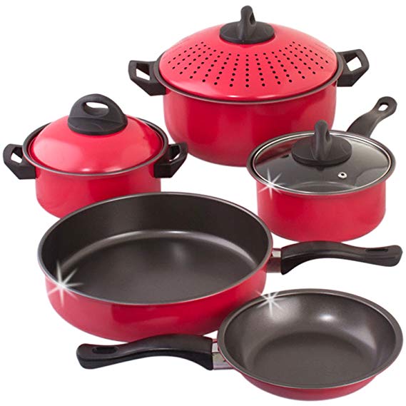 8 pc Carbon Steel Pans & Pots Set - Kitchen Pasta Pot With Strainer Lid, Frying Pans, Pots - Carbon Steel Cookware Set (Red)