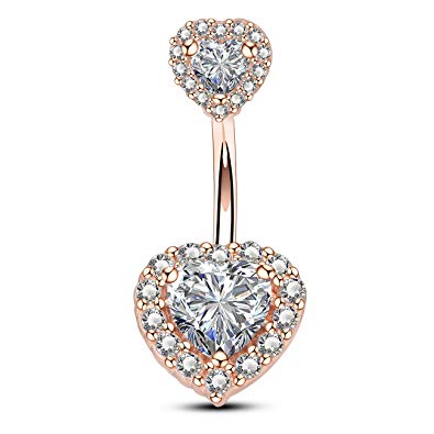 OUFER 14G Double Heart Cubic Zirconia Navel Belly Button Ring Surgical Steel Piercing Jewelry