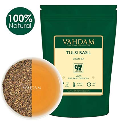 VAHDAM, Tulsi Basil Green Tea Loose Leaf (50 Cups) | Holy Basil Tea | Blend Of Pure Green Tea Leaves & Fresh Basil Leaves | Tulsi Tea | POWERFUL ANTI-OXIDANTS | Brew as Hot Tea or Iced Tea | 3.53oz