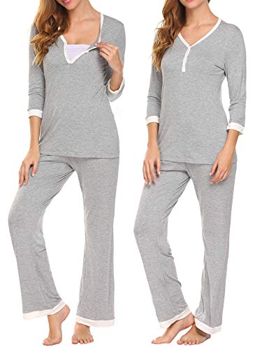MAXMODA Women's Maternity Nursing Sleepwear Henley Top and Long Pants Nursing Pajama Set Soft Loungewear S-XXL