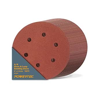 POWERTEC 45206-P4, 100PK, 60 Grit, 6 Inch 6 Hole Hook and Loop Sanding Discs, Sandpaper for Random Orbital Sander, Air Sander, Pneumatic Sander, Dual Action Sander