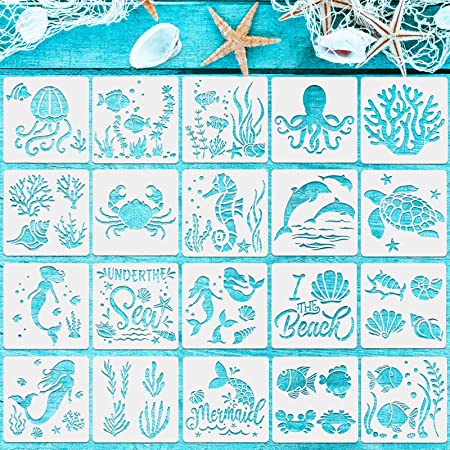 20 Pieces Sea Ocean Creatures Stencils Sea Painting Templates Reusable Sea Animal Painting Stencils for DIY Crafts Scrabooking Painting on Wood (13 x 13 cm/ 5.1 x 5.1 Inch)