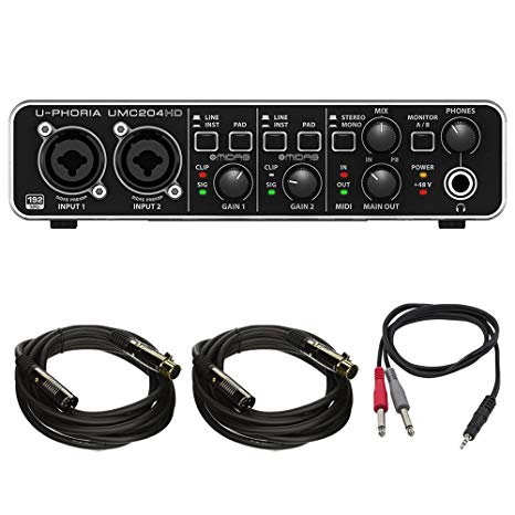 Behringer U-PHORIA (UMC204HD) Audiophile 2x4, 24bit/192kHz USB Audio/MIDI Interface w/ Pro DJ Bundle Includes, 1/8" TRS Male to Two 1/4" TS Male Cable & 2-Pack Premier Series XLR Male To Female Cable