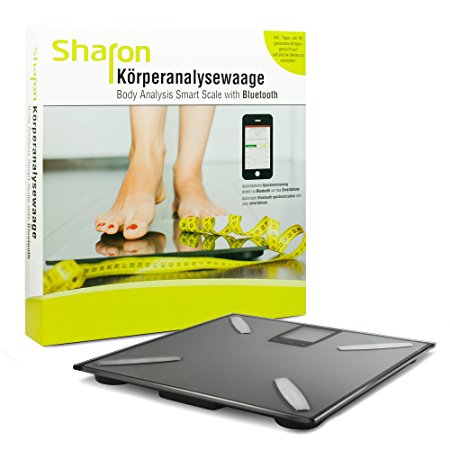 Sharon Bluetooth Body Analysis Scale Wireless Smart Scales | Measures weight, body fat, water percentage, muscle percentage, bone mass and BMI | Tempered Glass | Grey | Data transfer to SwissMed App for iOS, Android and Microsoft, e.g. with iPhone 7, iPhone 7 Plus, Samsung Galaxy S7 S7 Edge S8, Huawei P9 Mate 9, Windows Phone