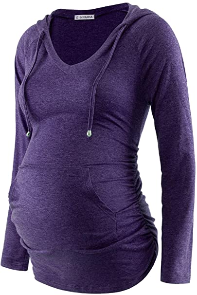 GINKANA Womens Maternity Hoodie Top Sweatshirt Long Sleeve V Neck Pregnancy Tunic Top