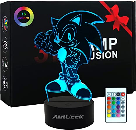 Sonic Toys Night Light 3D Illusion Lamp-16 Color Variations/1 Remote/1 Black Base/-Bedroom Decoration Creative Anime Sonic Hedgehog Gifts for Women Kids Boys Sonic Fans