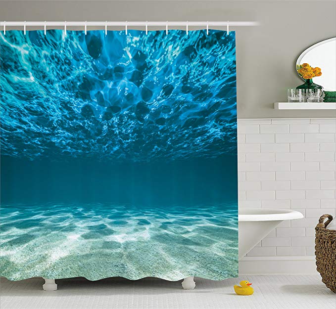 Ambesonne Ocean Decor Collection, Bright Gravelly Bottom and Wavy Surface Tropical Seascape Abyss Underwater Picture, Polyester Fabric Bathroom Shower Curtain, 75 Inches Long, Blue Aqua Ivory