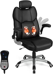 COSTWAY Executive 3D Massage Office Chair, Faux Leather Computer Desk Chair w/Adjustable Headrest & Lumbar Support, High Back Home Office Chair with Flip-up Armrests, Remote Control, Black