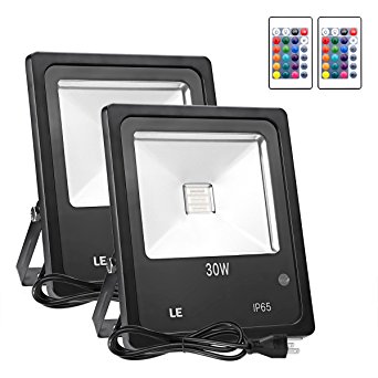 LE 30W Outdoor RGB LED Flood Lights with Remote Control, Multi Color, Dimmable, 16 Colors Change, 4 Modes, Waterproof, Wall Washer, for Garden, Yard, Warehouse, Pack of 2