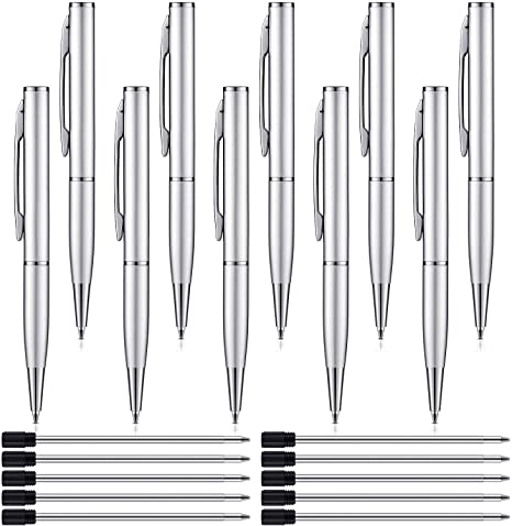 10 Pieces Mini Metal Pens Rotatable Miniature Pen Small Pocket Size Pens with 10 Replacement Pen Refills for Signature Calligraphy Executive Business, Passport (Silver)